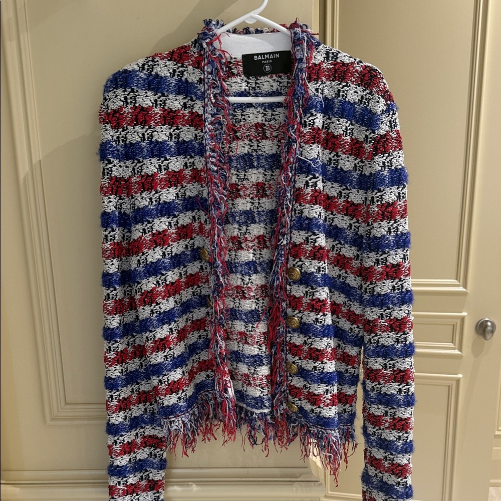 Balmain Red, Blue, and White Tweed Blazer
